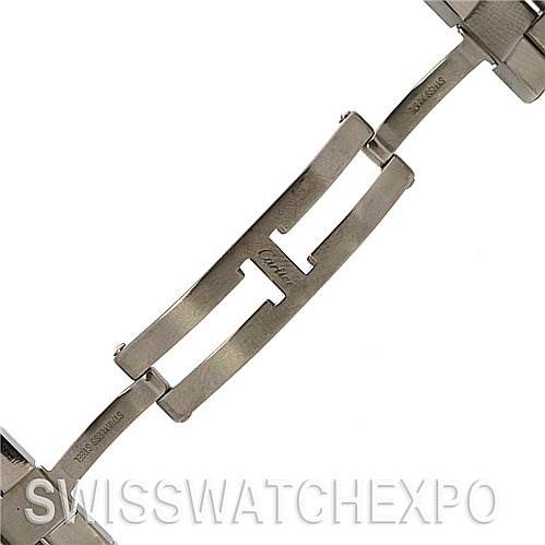 The image shows a close-up of the metal bracelet links for a Cartier Roadster W62020X6 Men's Stainless Steel Black Dial W62020X6 Men's Stainless Steel Black Dial watch.