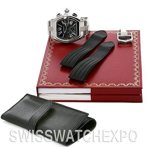 This image shows a Cartier Roadster W62020X6 Men's Stainless Steel Black Dial W62020X6 Men's Stainless Steel Black Dial watch, additional watch straps, a deployment clasp, and a red box, viewed from above.