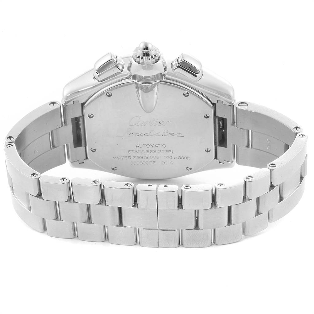 The image shows the back case and bracelet of a Roadster model by Cartier, viewed from the rear.