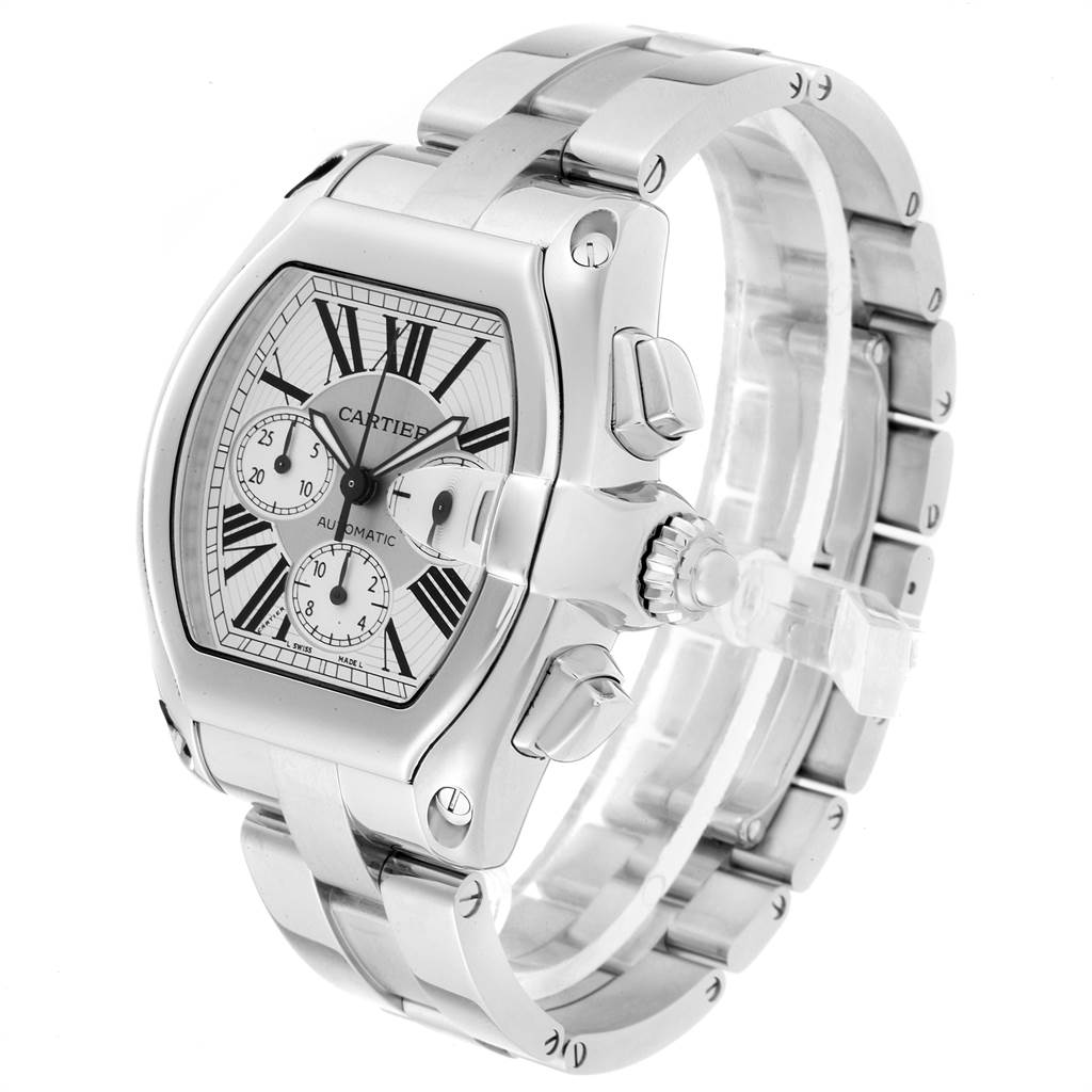 The Cartier Roadster W62019X6 Men's Stainless Steel Silver Dial W62019X6 Men's Stainless Steel Silver Dial watch is shown in a three-quarter front angle, highlighting its face, bezel, crown, and bracelet.