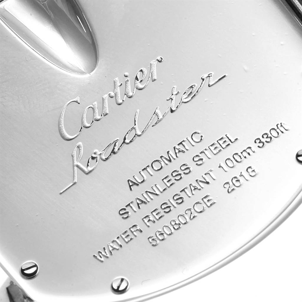 The image shows the back case of a Cartier Roadster W62019X6 Men's Stainless Steel Silver Dial W62019X6 Men's Stainless Steel Silver Dial watch, highlighting its specifications and engravings.