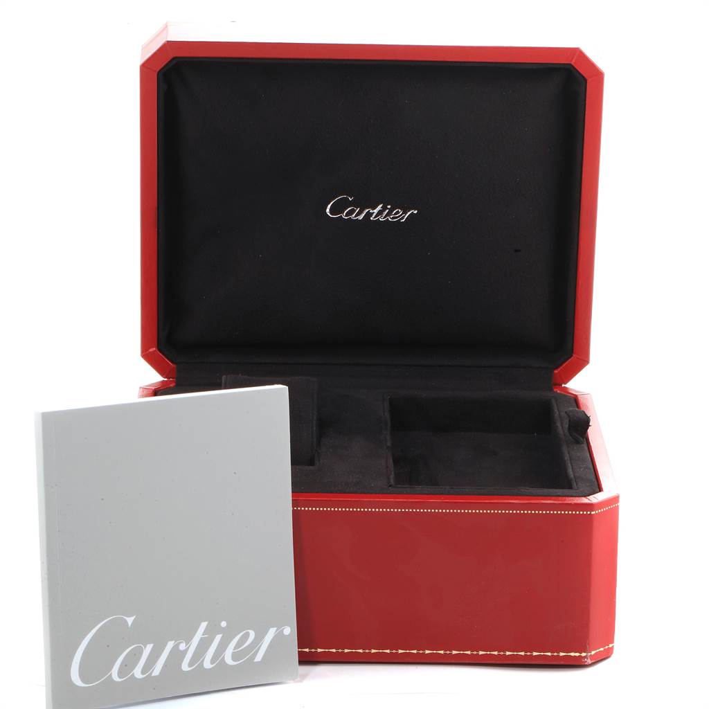 The image shows the open box and booklet for the Cartier Roadster W62019X6 Men's Stainless Steel Silver Dial W62019X6 Men's Stainless Steel Silver Dial watch.
