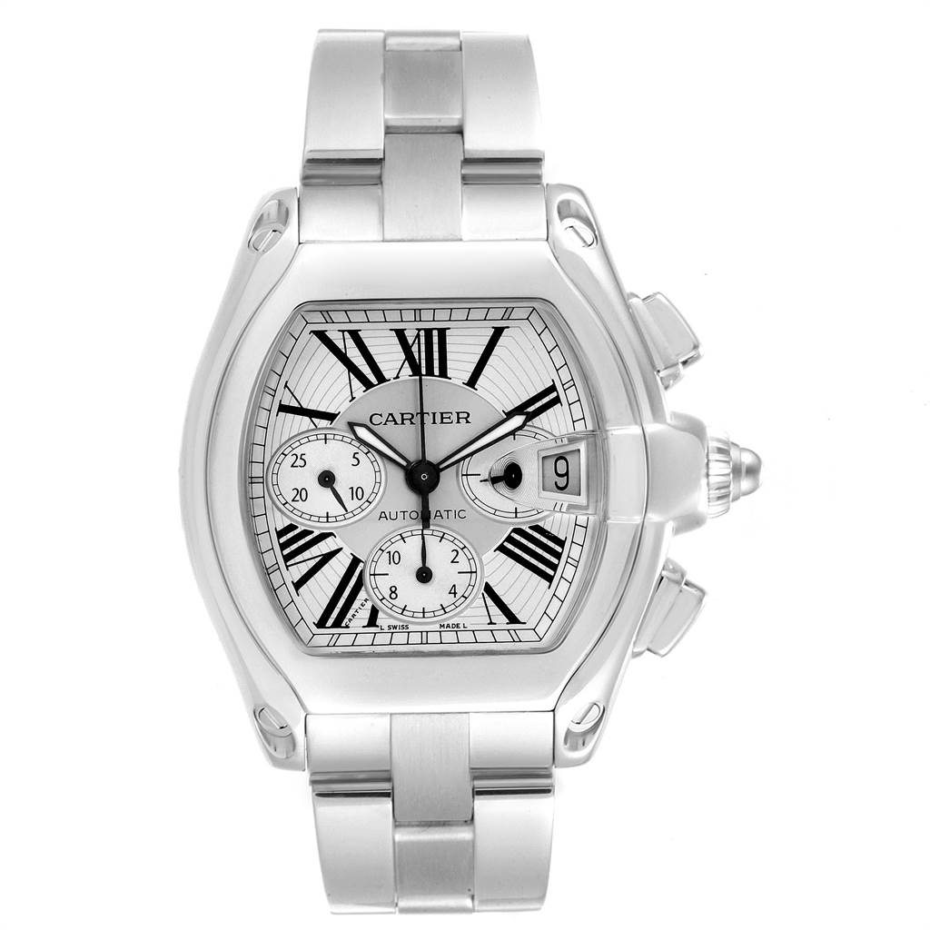 The Cartier Roadster W62019X6 Men's Stainless Steel Silver Dial W62019X6 Men's Stainless Steel Silver Dial watch is shown from a front angle, displaying its face, bezel, bracelet, and crown.