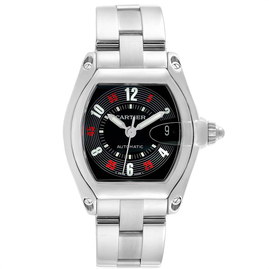 The image shows a Cartier Roadster W62002V3 Men's Stainless Steel Black Dial W62002V3 Men's Stainless Steel Black Dial model watch from a front view, displaying its dial, case, crown, and bracelet.