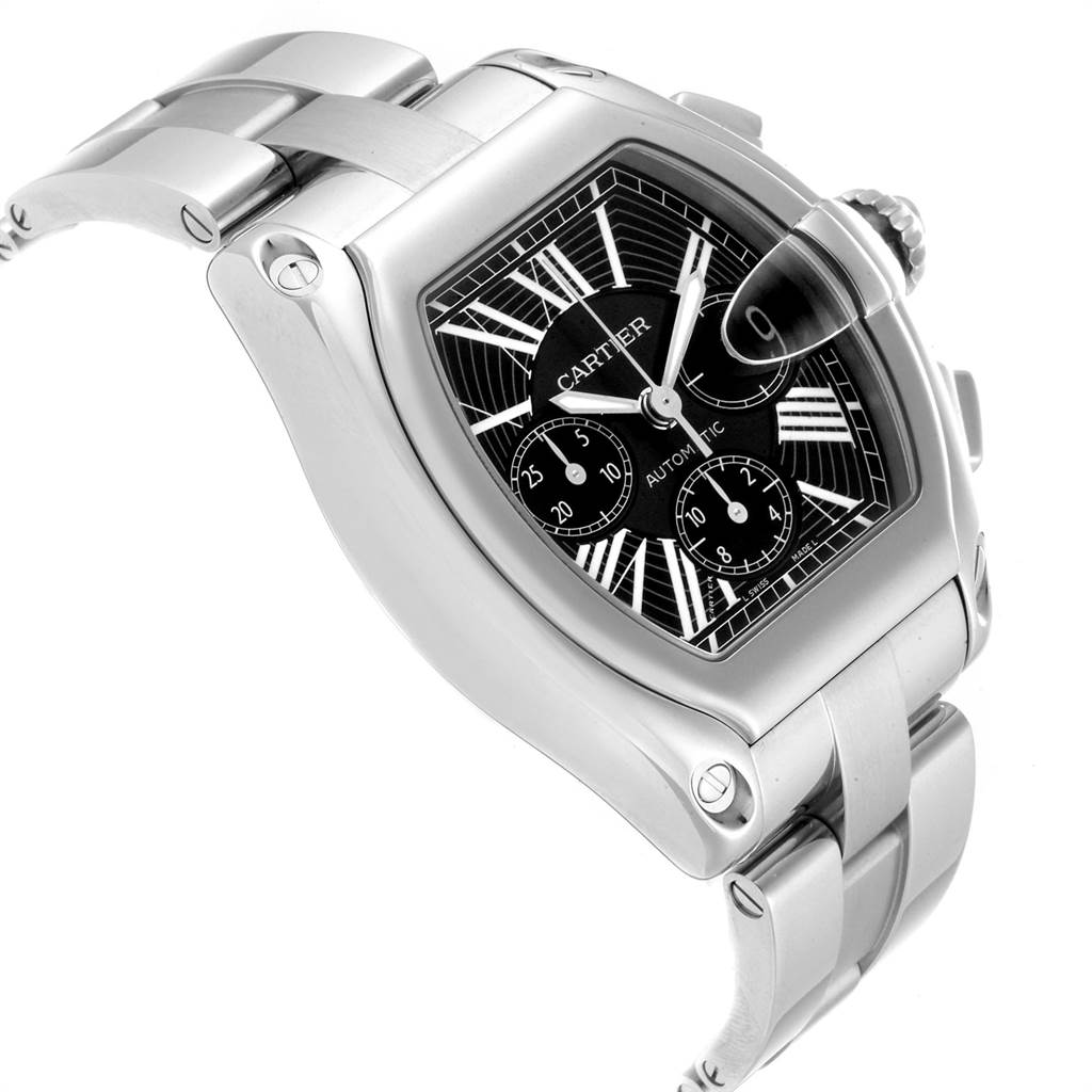 The image shows a Cartier Roadster W62020X6 Men's Stainless Steel Black Dial W62020X6 Men's Stainless Steel Black Dial watch from an angled view, highlighting the face, crown, and bracelet.