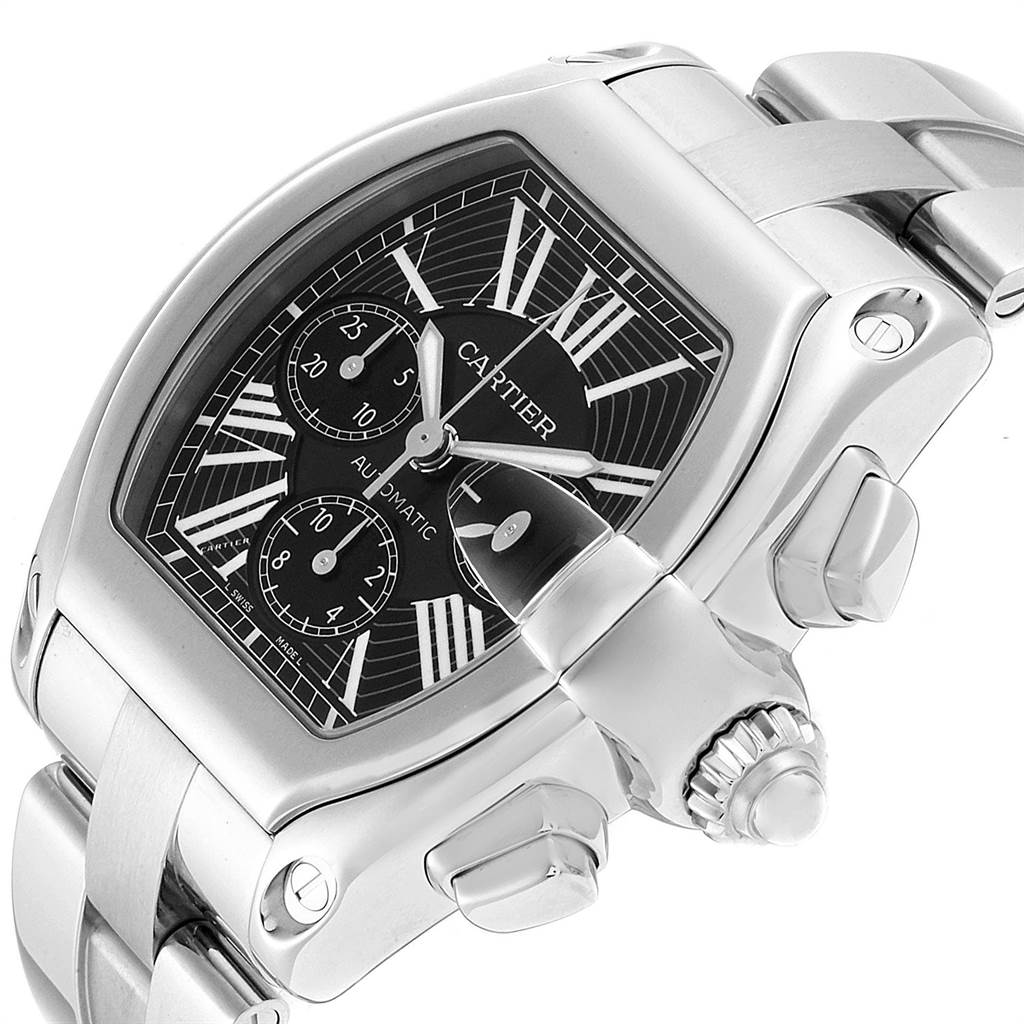 The image shows a close-up, angled view of the Cartier Roadster W62020X6 Men's Stainless Steel Black Dial W62020X6 Men's Stainless Steel Black Dial watch, highlighting its face, crown, and part of the bracelet.