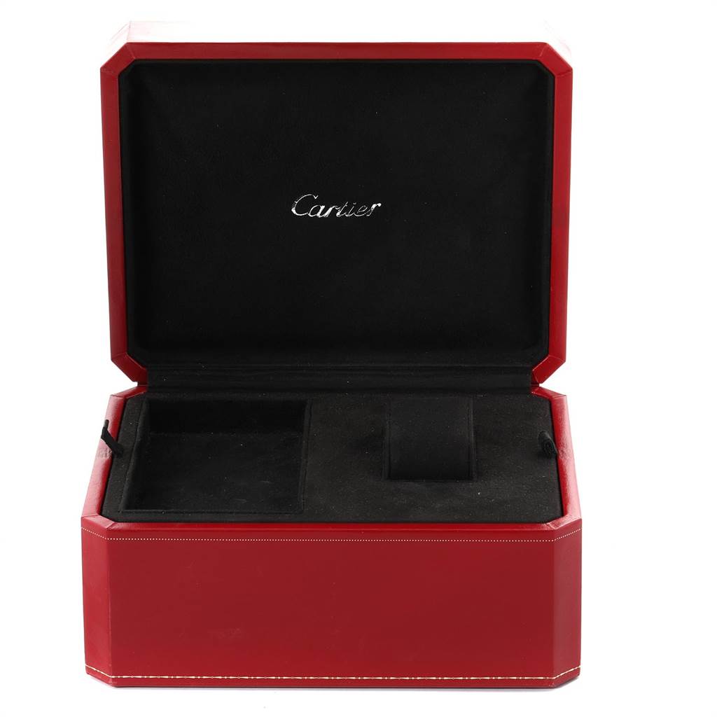The image shows an open red Cartier Roadster W62020X6 Men's Stainless Steel Black Dial W62020X6 Men's Stainless Steel Black Dial watch box with a black interior.