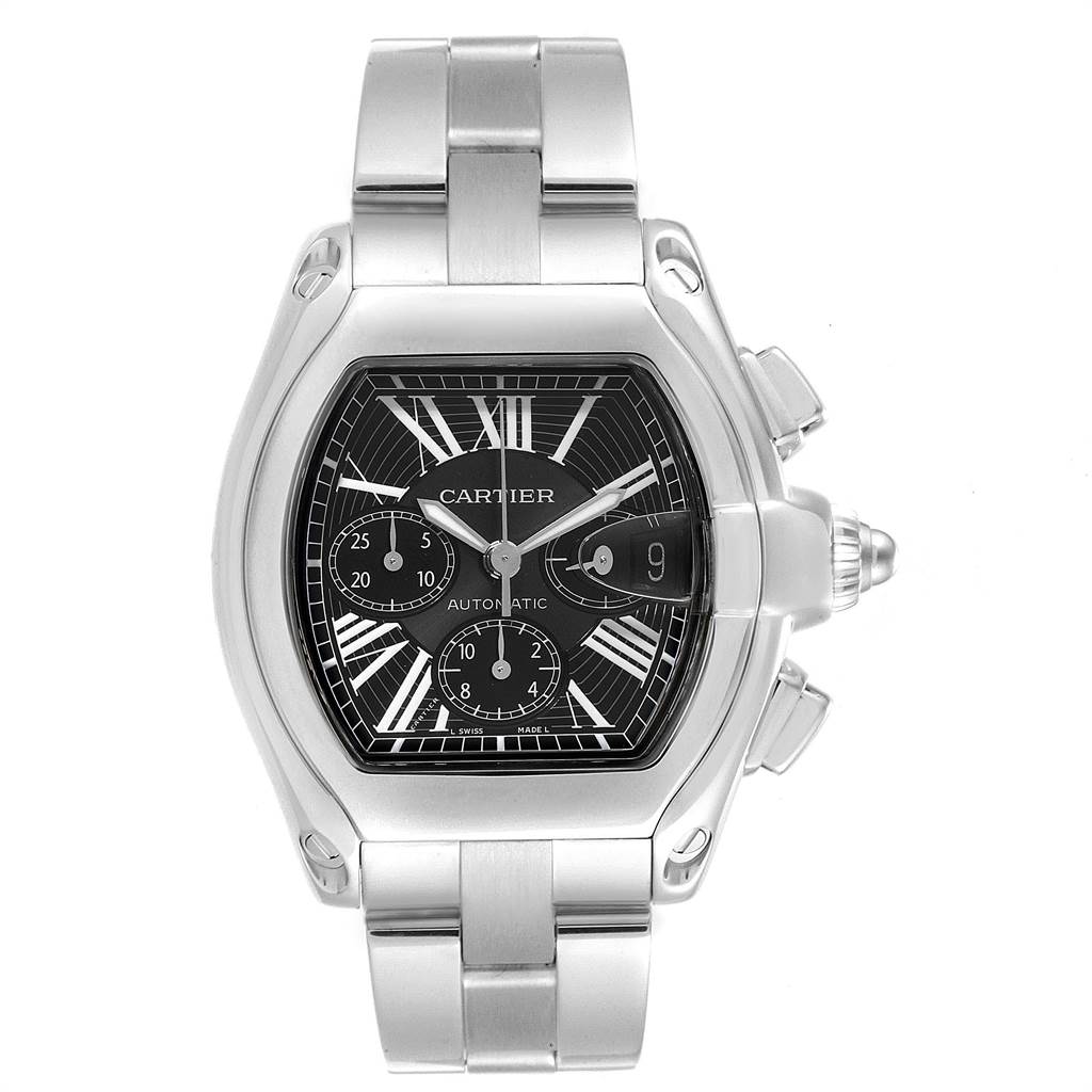 This image shows a Cartier Roadster W62020X6 Men's Stainless Steel Black Dial W62020X6 Men's Stainless Steel Black Dial watch with a steel bracelet, black dial, and date window, viewed from the front.