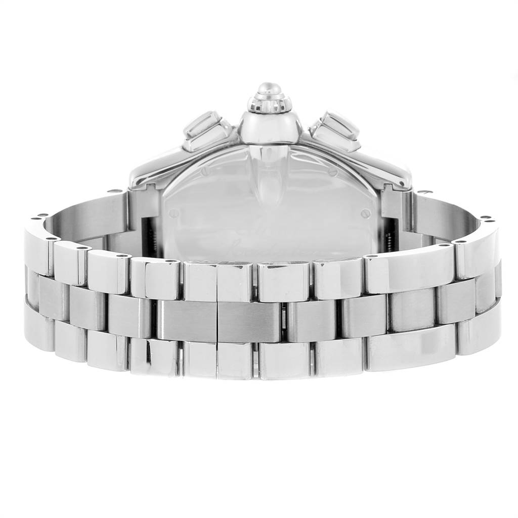 This image shows the back view and metal bracelet of the Cartier Roadster W62020X6 Men's Stainless Steel Black Dial W62020X6 Men's Stainless Steel Black Dial model watch.