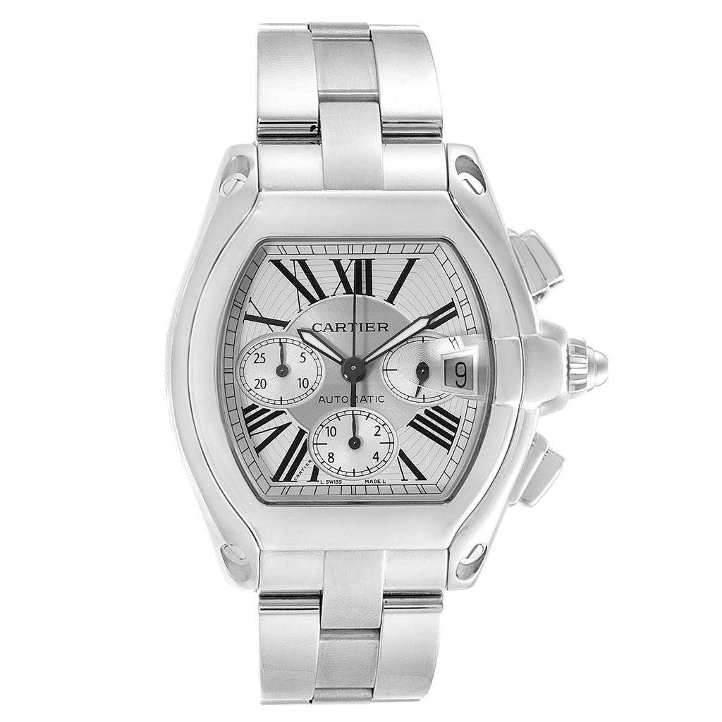 This image shows a frontal view of the Cartier Roadster W62019X6 Men's Stainless Steel Silver Dial W62019X6 Men's Stainless Steel Silver Dial watch, displaying its dial, bracelet, and crown.