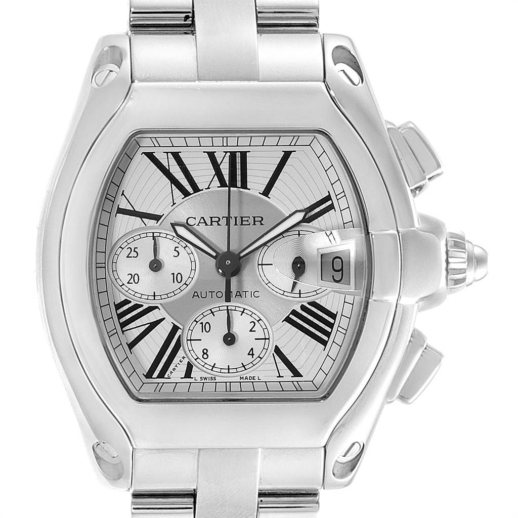 The image shows a front view of the Cartier Roadster W62019X6 Men's Stainless Steel Silver Dial W62019X6 Men's Stainless Steel Silver Dial watch, highlighting the dial, crown, pushers, and metal bracelet.