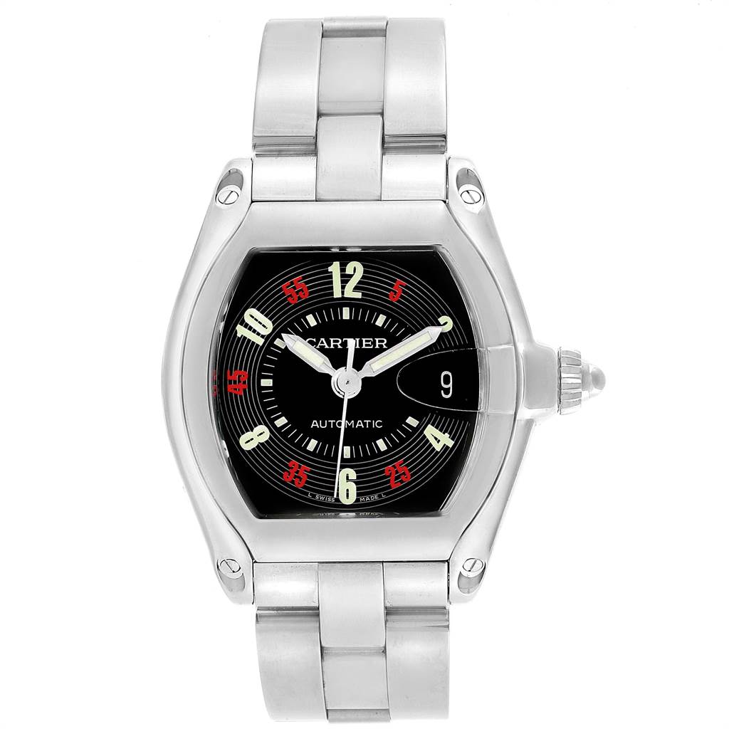 The image shows a front view of the Cartier Roadster W62002V3 Men's Stainless Steel Black Dial W62002V3 Men's Stainless Steel Black Dial watch, displaying its face, dial, and bracelet.