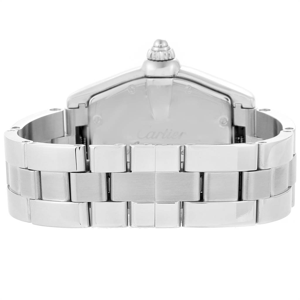 This image shows the stainless steel bracelet and back case of a Cartier Roadster W62002V3 Men's Stainless Steel Black Dial W62002V3 Men's Stainless Steel Black Dial watch.