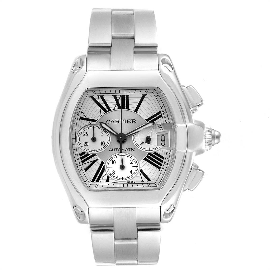 The image shows a front view of the Cartier Roadster W62019X6 Men's Stainless Steel Silver Dial W62019X6 Men's Stainless Steel Silver Dial watch, displaying the dial, bezel, crown, and bracelet.