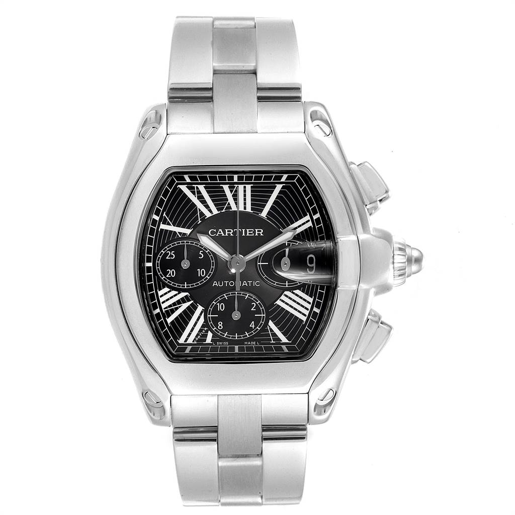 This image shows a Cartier Roadster W62020X6 Men's Stainless Steel Black Dial W62020X6 Men's Stainless Steel Black Dial watch, featuring a frontal view of the watch face, crown, and stainless steel bracelet.