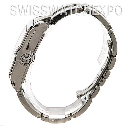 The image shows a side view of the Cartier Roadster W62025V3 Men's Stainless Steel Silver Dial W62025V3 Men's Stainless Steel Silver Dial watch, highlighting the crown, bezel, and bracelet.