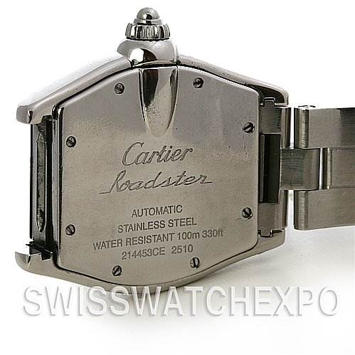 Back view of a Cartier Roadster W62025V3 Men's Stainless Steel Silver Dial W62025V3 Men's Stainless Steel Silver Dial watch showcasing the case back details and part of the stainless steel bracelet.