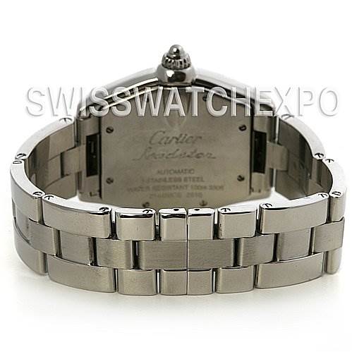 This image shows a rear view of the Cartier Roadster W62025V3 Men's Stainless Steel Silver Dial W62025V3 Men's Stainless Steel Silver Dial watch, highlighting its stainless steel bracelet and case back.