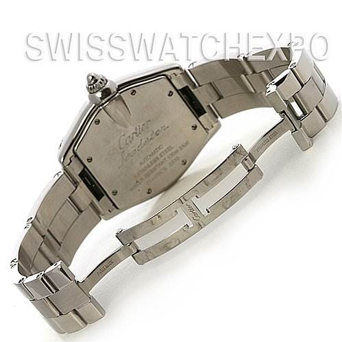 The image shows the back case and deployment clasp of a Cartier Roadster W62025V3 Men's Stainless Steel Silver Dial W62025V3 Men's Stainless Steel Silver Dial watch at a slight angle.