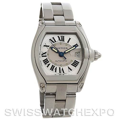 The image shows a front view of the Cartier Roadster W62025V3 Men's Stainless Steel Silver Dial W62025V3 Men's Stainless Steel Silver Dial watch, highlighting its face, case, and bracelet.