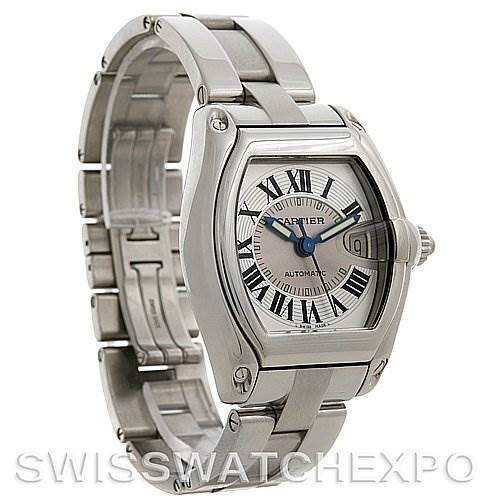 This image shows a Cartier Roadster W62025V3 Men's Stainless Steel Silver Dial W62025V3 Men's Stainless Steel Silver Dial watch from a left front angle, highlighting the bracelet, bezel, and dial.