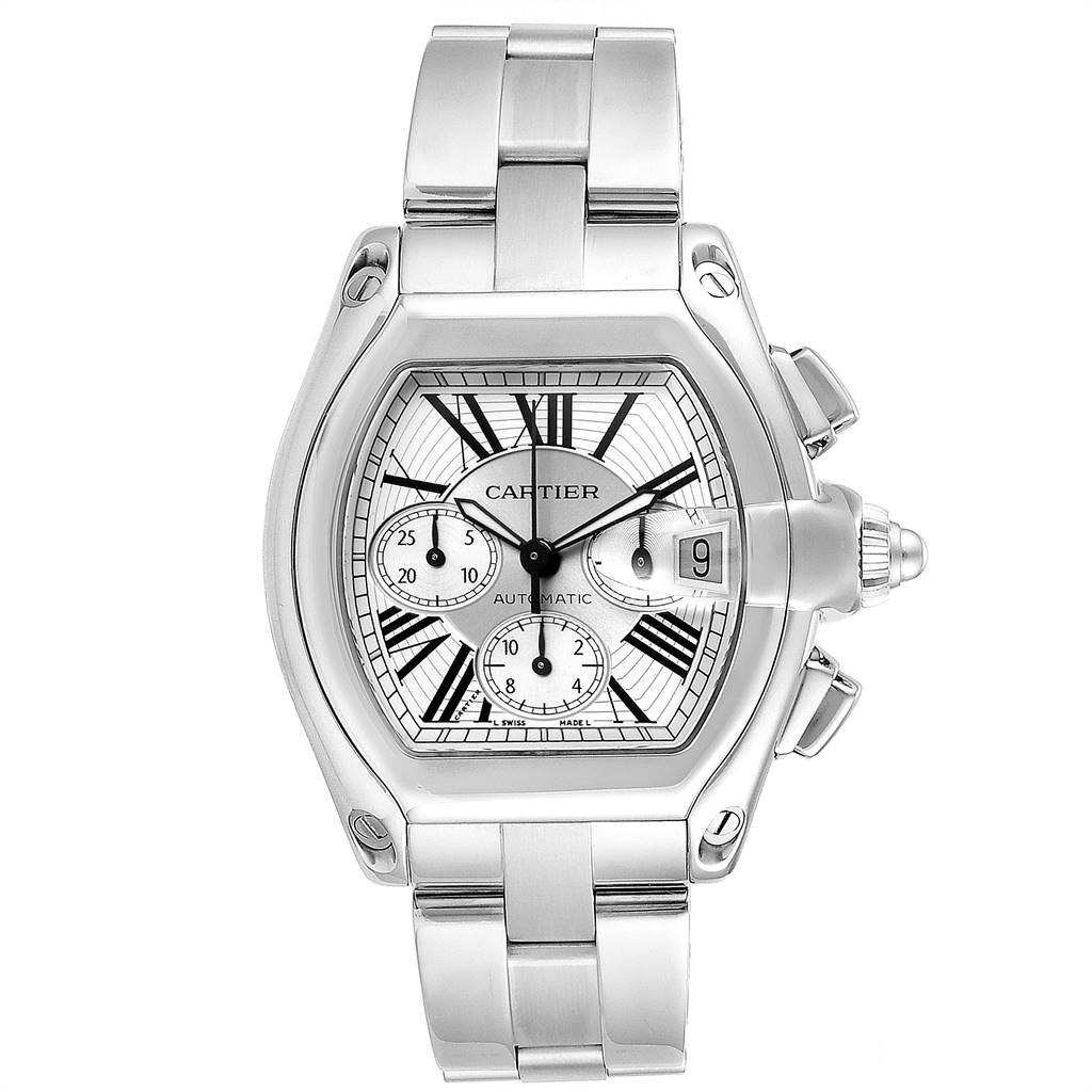 The image shows a front view of a Cartier Roadster W62019X6 Men's Stainless Steel Silver Dial W62019X6 Men's Stainless Steel Silver Dial watch featuring its face, bezel, and stainless steel bracelet.