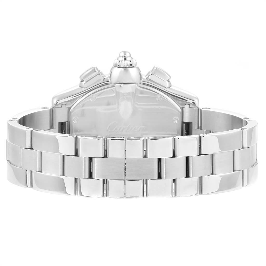 This image shows the bracelet and clasp of a Cartier Roadster W62019X6 Men's Stainless Steel Silver Dial W62019X6 Men's Stainless Steel Silver Dial watch from the rear angle.