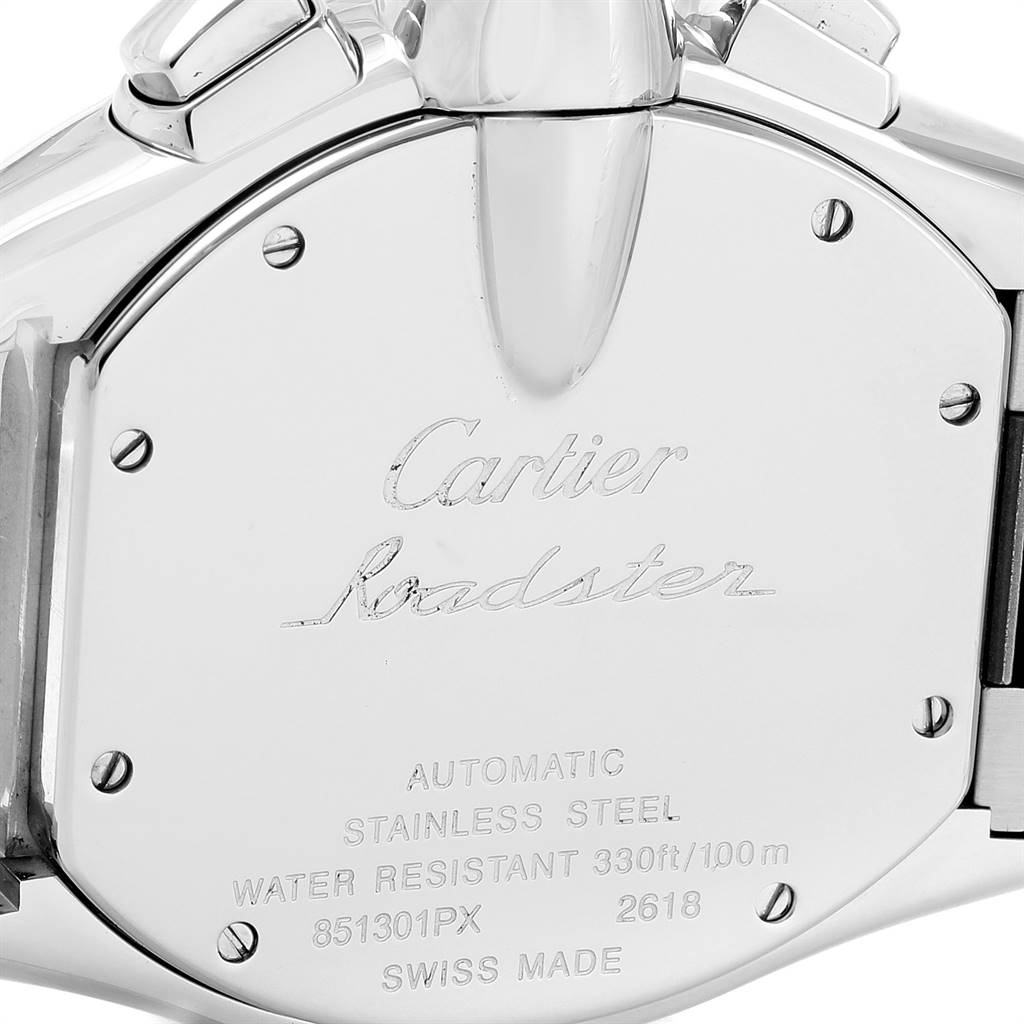 The image shows the caseback of the Cartier Roadster W62020X6 Men
s Stainless Steel Black Dial W62020X6 Men
s Stainless Steel Black Dial watch, highlighting its engravings and stainless steel body.