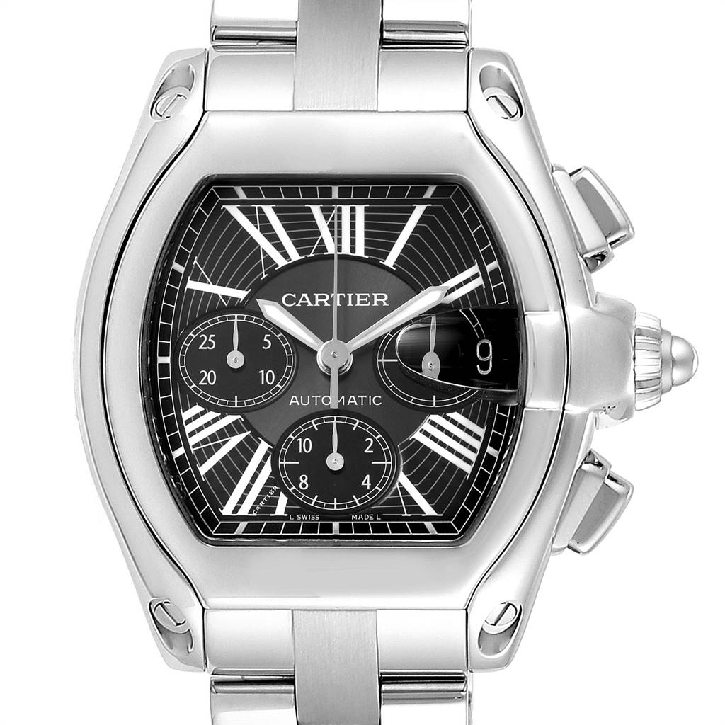 The image shows a front view of the Cartier Roadster W62020X6 Men
s Stainless Steel Black Dial W62020X6 Men
s Stainless Steel Black Dial watch, featuring its dial, bezels, crown, and part of the bracelet.
