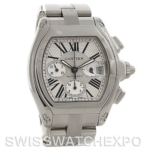 The image shows a frontal view of a Cartier Roadster W62020X6 Men's Stainless Steel Silver Dial W62020X6 Men's Stainless Steel Silver Dial watch, highlighting its face, dial, hands, and bracelet.
