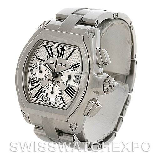 The image shows a Cartier Roadster W62020X6 Men's Stainless Steel Silver Dial W62020X6 Men's Stainless Steel Silver Dial watch at a three-quarter angle displaying the face, crown, and part of the bracelet.