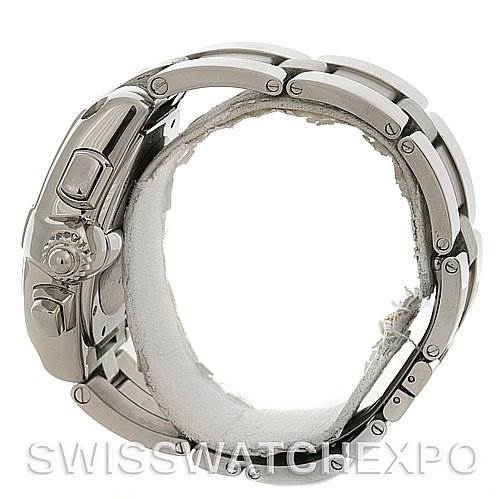 The image shows a side view of the Cartier Roadster W62020X6 Men's Stainless Steel Silver Dial W62020X6 Men's Stainless Steel Silver Dial watch, highlighting the crown, pushers, and bracelet links.