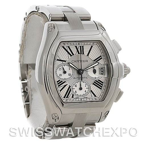 The image shows a Cartier Roadster W62020X6 Men's Stainless Steel Silver Dial W62020X6 Men's Stainless Steel Silver Dial watch from the front angle, highlighting the face, bezel, and part of the bracelet.