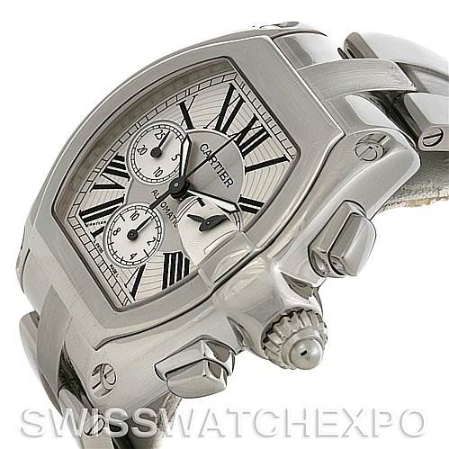 This image shows a close-up shot of the Cartier Roadster W62020X6 Men's Stainless Steel Silver Dial W62020X6 Men's Stainless Steel Silver Dial watch, highlighting the face, crown, and part of the bracelet.