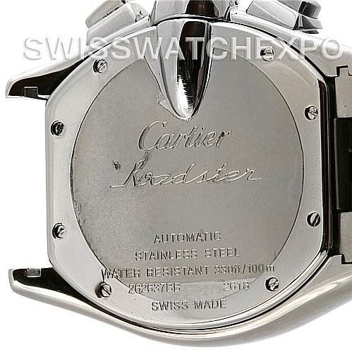 The image shows the back of a Cartier Roadster W62020X6 Men's Stainless Steel Silver Dial W62020X6 Men's Stainless Steel Silver Dial watch, highlighting its engraving and specifications.