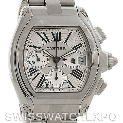 The image shows a front view of the Cartier Roadster W62020X6 Men's Stainless Steel Silver Dial W62020X6 Men's Stainless Steel Silver Dial watch, highlighting its dial, hands, subdials, date window, and part of the bracelet.