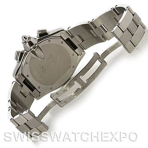 The image shows the back and bracelet of a Cartier Roadster W62020X6 Men's Stainless Steel Silver Dial W62020X6 Men's Stainless Steel Silver Dial watch at an angle.