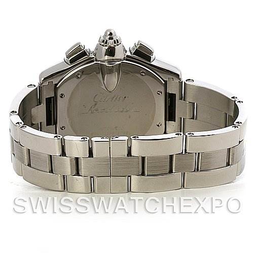 This image shows the back view of a Cartier Roadster W62020X6 Men's Stainless Steel Silver Dial W62020X6 Men's Stainless Steel Silver Dial watch, highlighting the stainless steel case and bracelet.