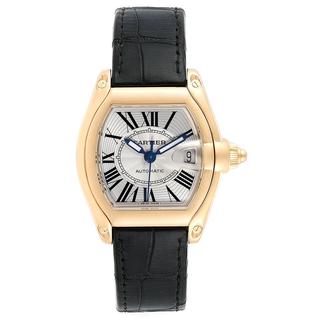 This is a front view of the Cartier Roadster W62005V2 Men's Yellow Gold Silver Dial W62005V2 Men's Yellow Gold Silver Dial watch, displaying the dial, case, and leather strap.