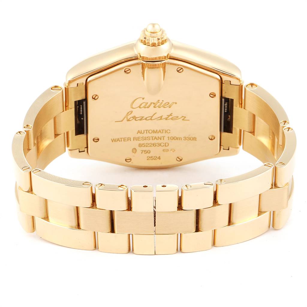 The image shows the back and bracelet of the Cartier Roadster W62005V1 Men's Yellow Gold Silver Dial W62005V1 Men's Yellow Gold Silver Dial watch, highlighting its case back, clasp, and bracelet links.