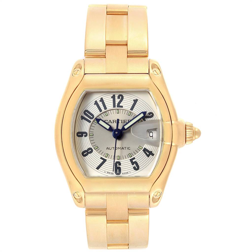 This Cartier Roadster W62005V1 Men's Yellow Gold Silver Dial W62005V1 Men's Yellow Gold Silver Dial model watch is shown from a front angle, displaying the dial, hands, crown, and bracelet.