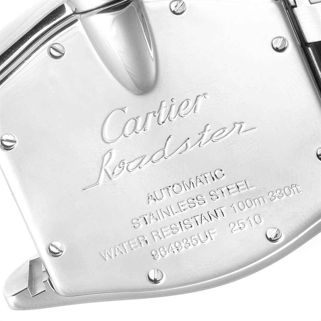 The image shows a close-up view of the back case of a Cartier Roadster W62041V3 Men's Stainless Steel Black Dial W62041V3 Men's Stainless Steel Black Dial watch.