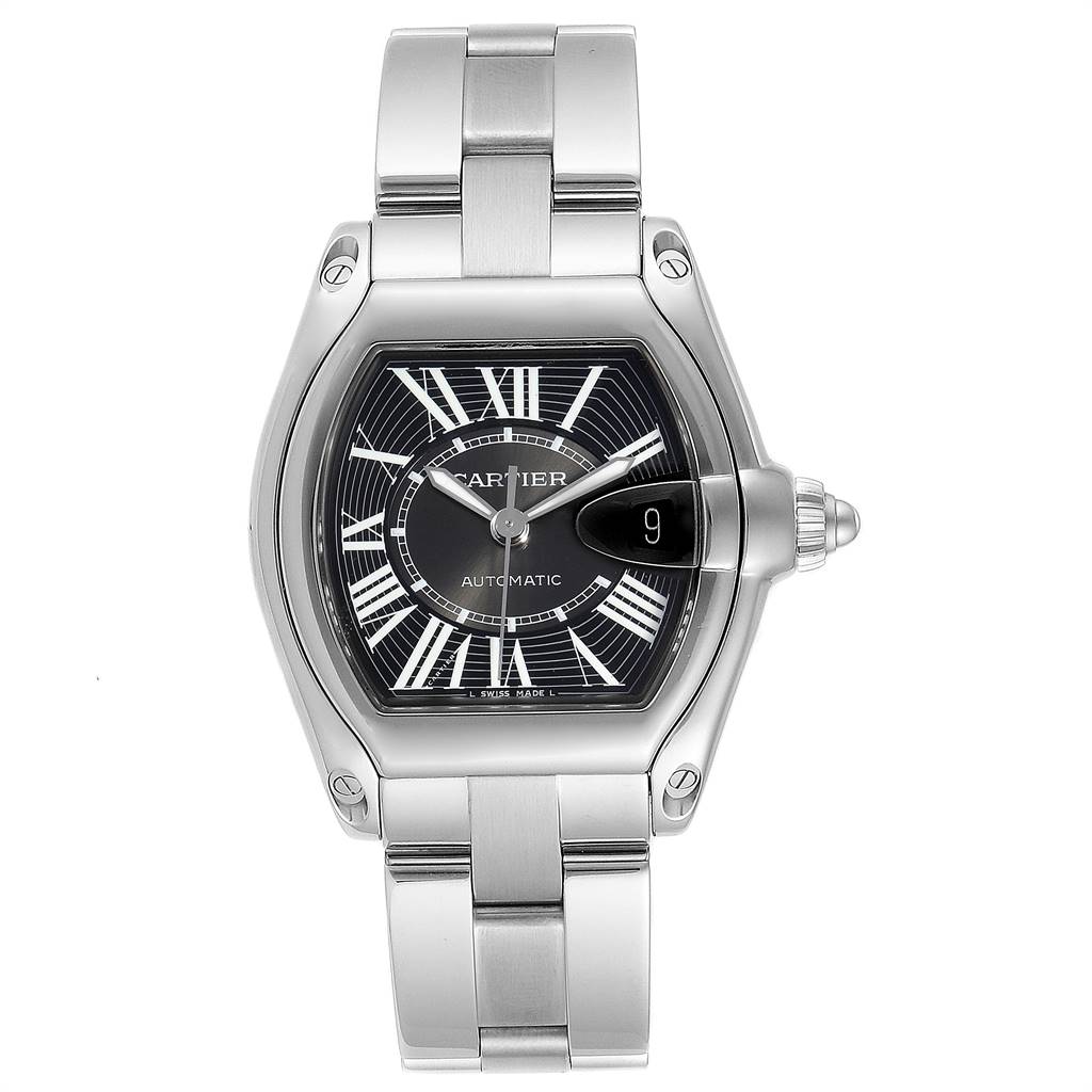This image shows a front view of the Cartier Roadster W62041V3 Men's Stainless Steel Black Dial W62041V3 Men's Stainless Steel Black Dial watch, displaying its face, strap, and date window.