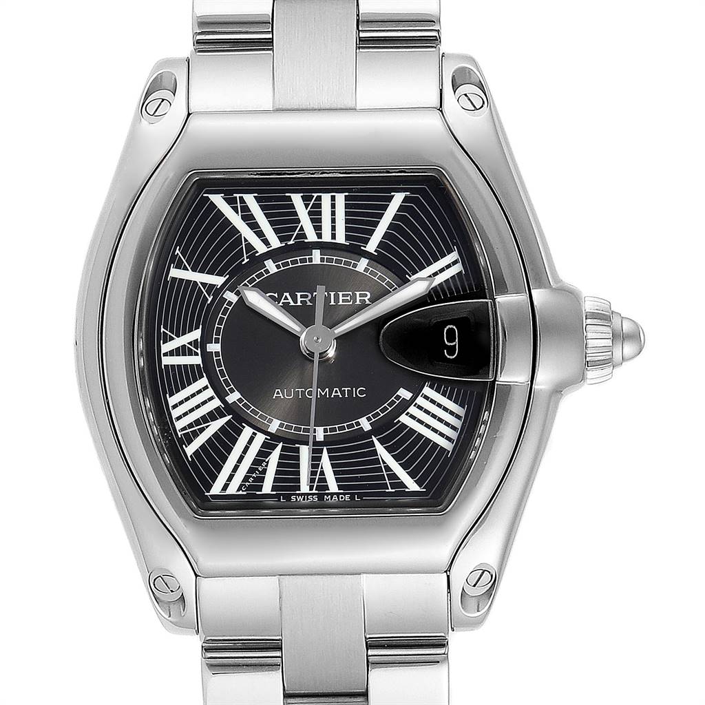 This image shows a frontal view of the Cartier Roadster W62041V3 Men's Stainless Steel Black Dial W62041V3 Men's Stainless Steel Black Dial watch, featuring its dial, bezel, crystal, and part of the bracelet.