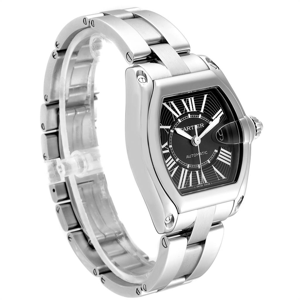 The image shows a Cartier Roadster W62041V3 Men's Stainless Steel Black Dial W62041V3 Men's Stainless Steel Black Dial watch at a 3/4 angle, highlighting the face, case, and bracelet.