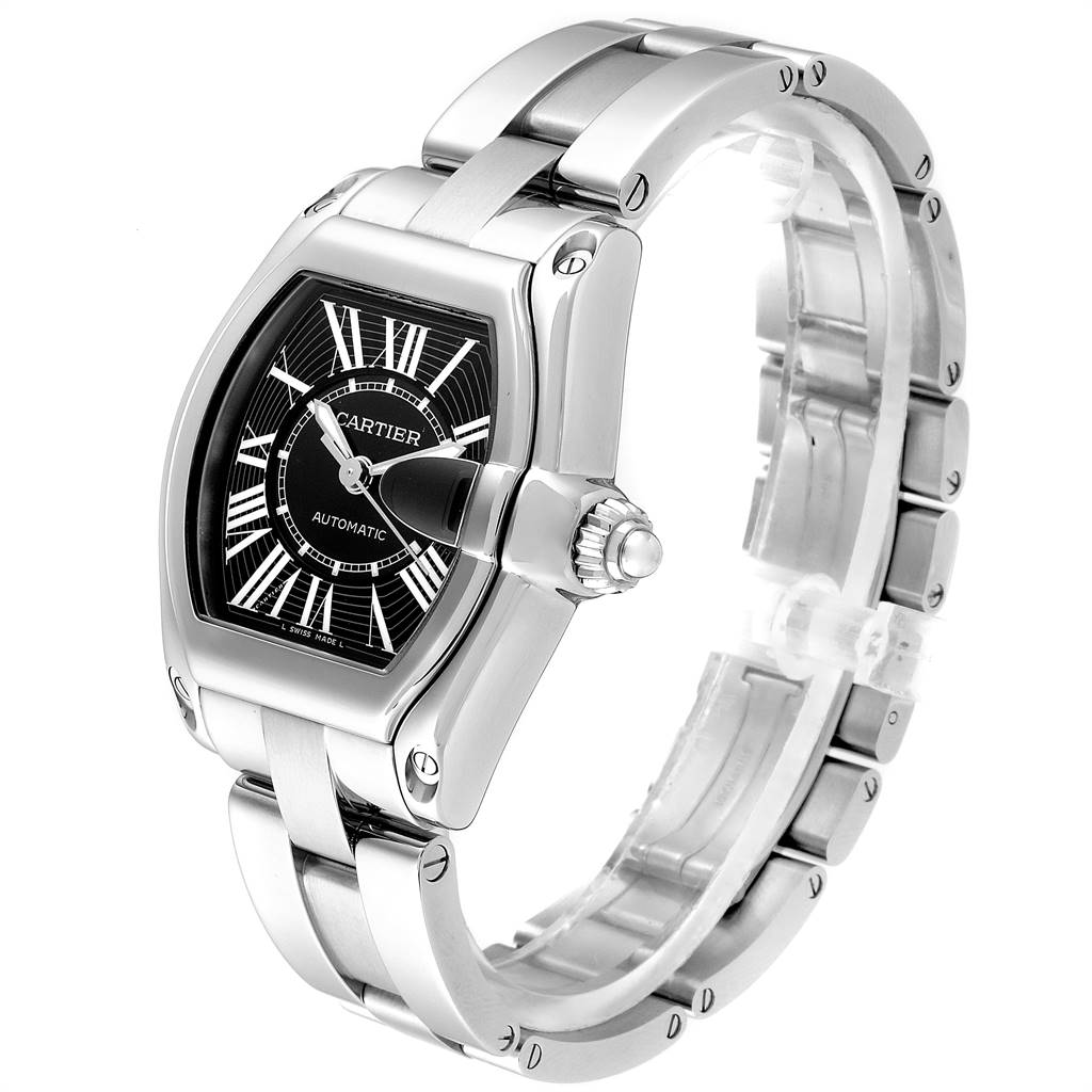 The image features the Cartier Roadster W62041V3 Men's Stainless Steel Black Dial W62041V3 Men's Stainless Steel Black Dial watch at a three-quarter view showing the face, crown, and metal bracelet.