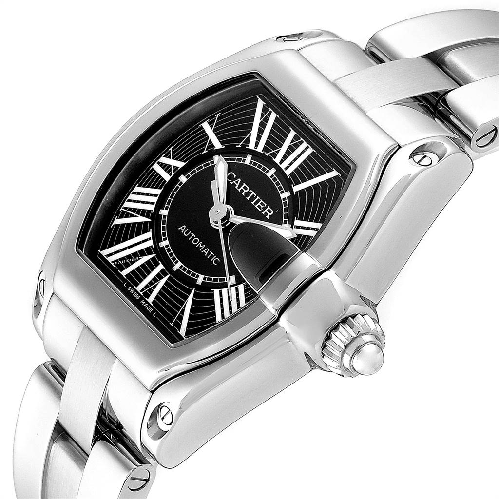 The image shows a close-up angle of the Cartier Roadster W62041V3 Men's Stainless Steel Black Dial W62041V3 Men's Stainless Steel Black Dial watch face, bezel, crown, and part of the bracelet.