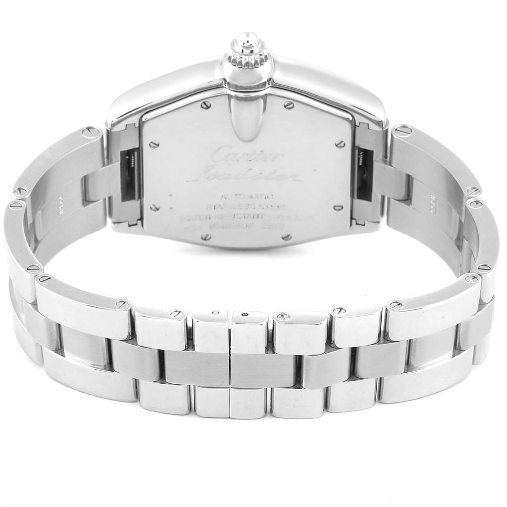 This image shows the back case and stainless steel bracelet of the Cartier Roadster W62041V3 Men's Stainless Steel Black Dial W62041V3 Men's Stainless Steel Black Dial watch at a rear angle.