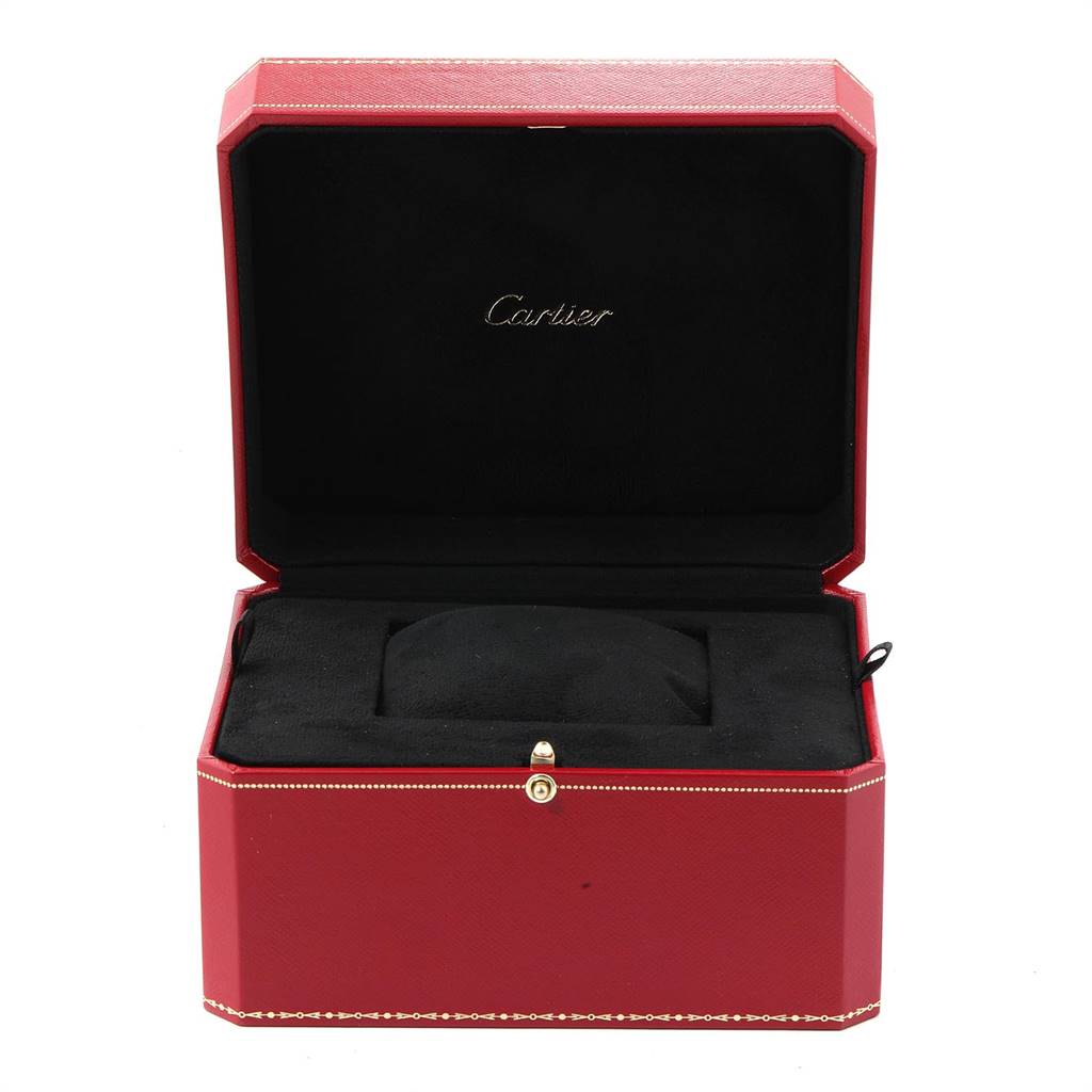 The image shows an open red watch box for the Cartier Roadster W62041V3 Men's Stainless Steel Black Dial W62041V3 Men's Stainless Steel Black Dial model, viewed from the front.