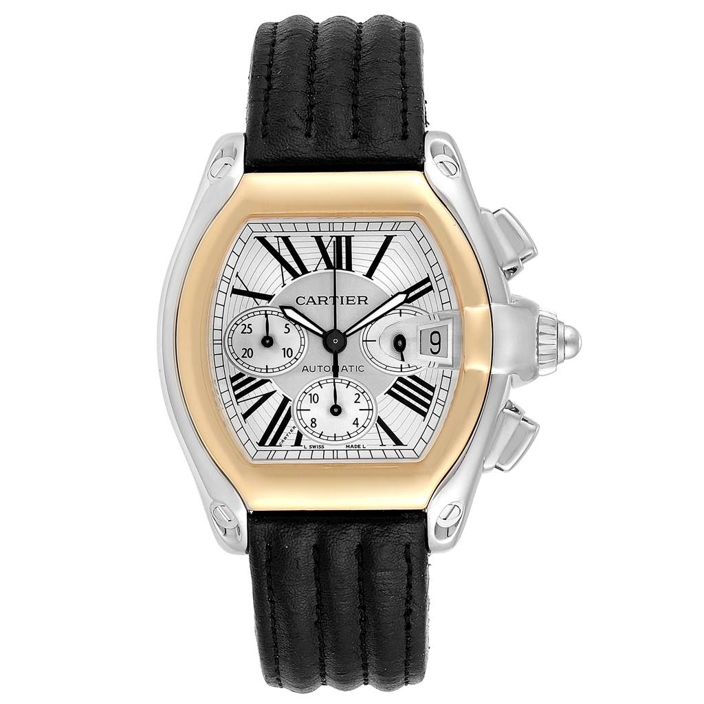 The image shows a Cartier Roadster W62027Z1 Men
s Steel and Gold (two tone) Silver Dial W62027Z1 Men
s Steel and Gold (two tone) Silver Dial watch from the front, displaying the face, dials, case, and strap.